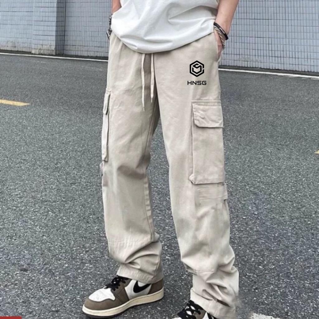 Quần Cargo Pant Quần Dài Kaki thêu mini logo hnsg Túi Hộp Ống Rộng Nam Nữ