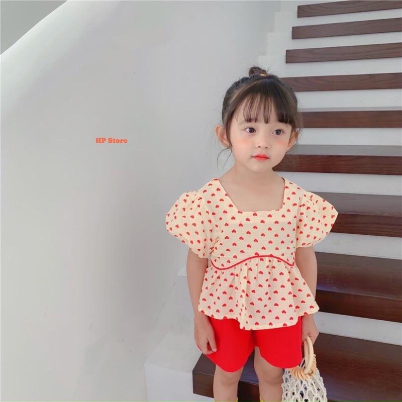 Bộ Áo Quần Bé Gái 13-32kg Chấm Bi Trái Tim Đỏ Tay Phồng Thắt Nơ Sau, Hàng Xuất Khẩu