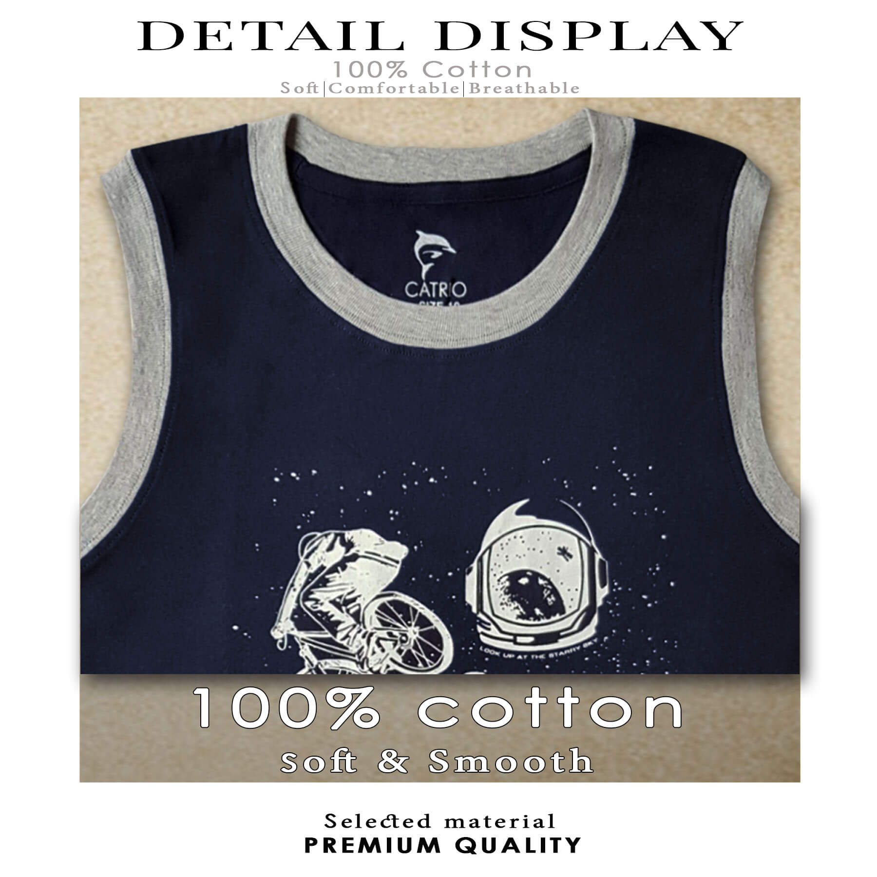 BỘ THUN BÉ TRAI CATRIO in XE ĐẠP là bộ đồ phông trẻ em gồm QUẦN ĐÙI + ÁO SÁT NÁCH, vải 100% cotton, phù hợp với các bé trai từ 9 tuổi đến 12 tuổi mặc ở nhà, đi chơi rất thoáng mát