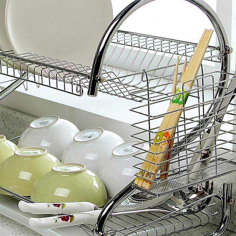 Kệ giá úp bát và đĩa 2 tầng di động chất liệu inox có khay hứng nước