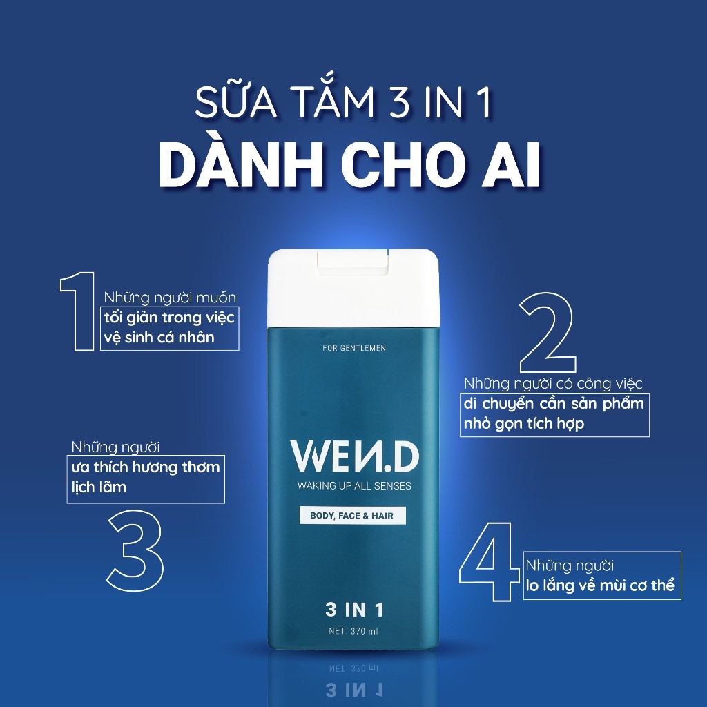 Sữa tắm nam 3in1 WEND tắm gội rửa mặt làm sạch hương nước hoa Pháp cao cấp lưu hương đến 24h dung tích 370ml
