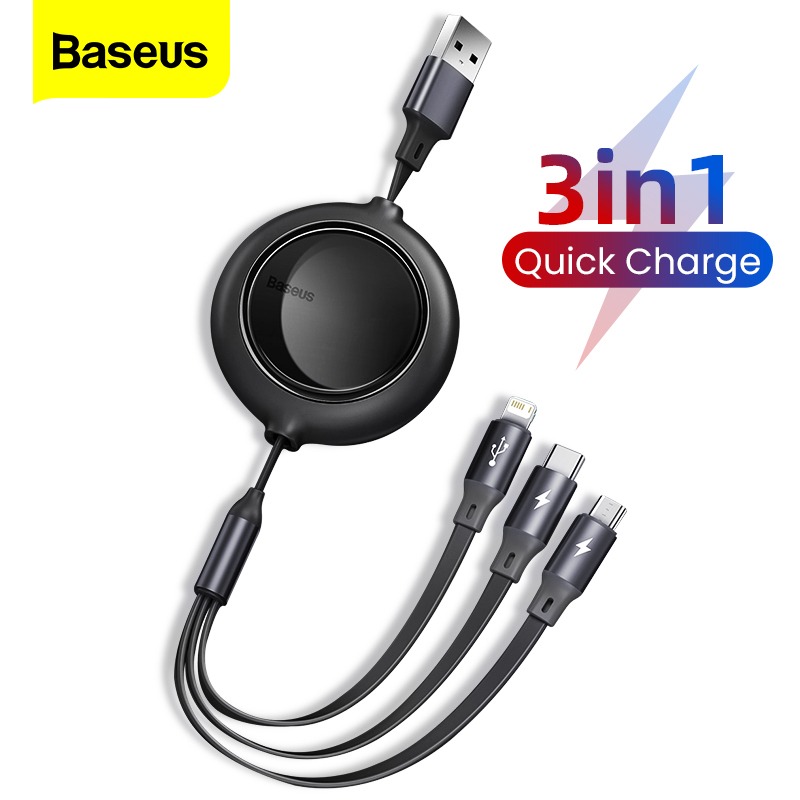 Cáp sạc dây rút 3 đầu thế hệ mới Baseus Bright Mirror 3 in 1 (Type C/ Micro USB/ Lightning, 3.5A/ 1.2m, Retractable Fast Charge &amp; Data Cable) - Hàng chính hãng