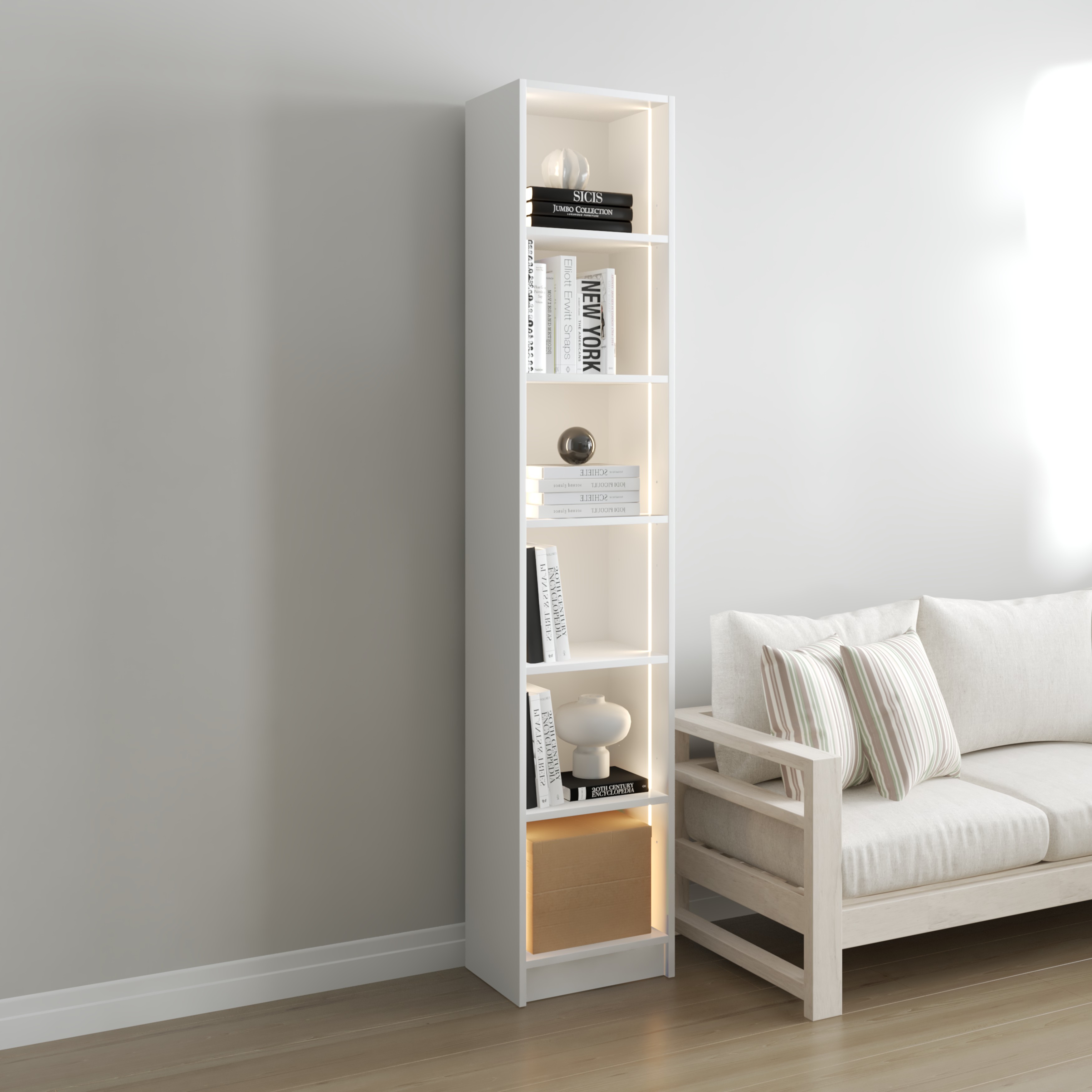 [Happy Home Furniture] CATY, kệ sách 6 tầng size nhỏ tích hợp đèn LED, 40cm x 28cm x 202cm (DxRxC), KSA_009_LED