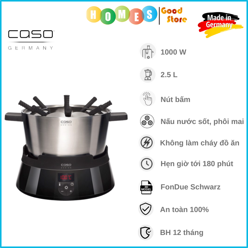 Nồi Lẩu Bếp Từ CASO Induktions-FonDue Schwarz, Phong Cách Châu Âu Đủ 8 Người Dùng, Dung Tích 2.5L, Công Suất 1000W - Hàng Nhập Khẩu Đức