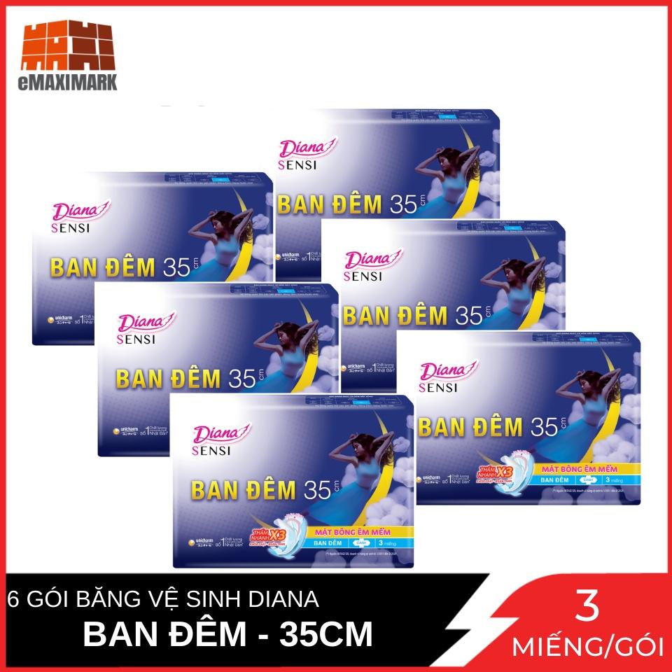 Combo 6 Băng vệ sinh Diana Sensi Ban Đêm Mặt Bông Êm Mềm 35cm 3 miếng / gói x6