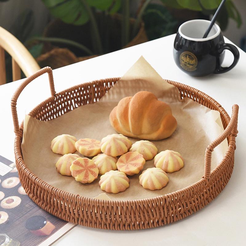 Khay Đựng Thức Ăn Hình Tròn Bằng Mây Đan Có Tay Cầm Tiện Dụng