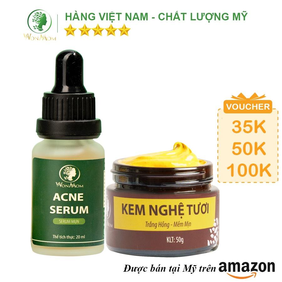 Bộ trắng da, sạch mụn và nám cơ bản Wonmom ( 1 Kem nghệ tươi + 1 Serum mụn )