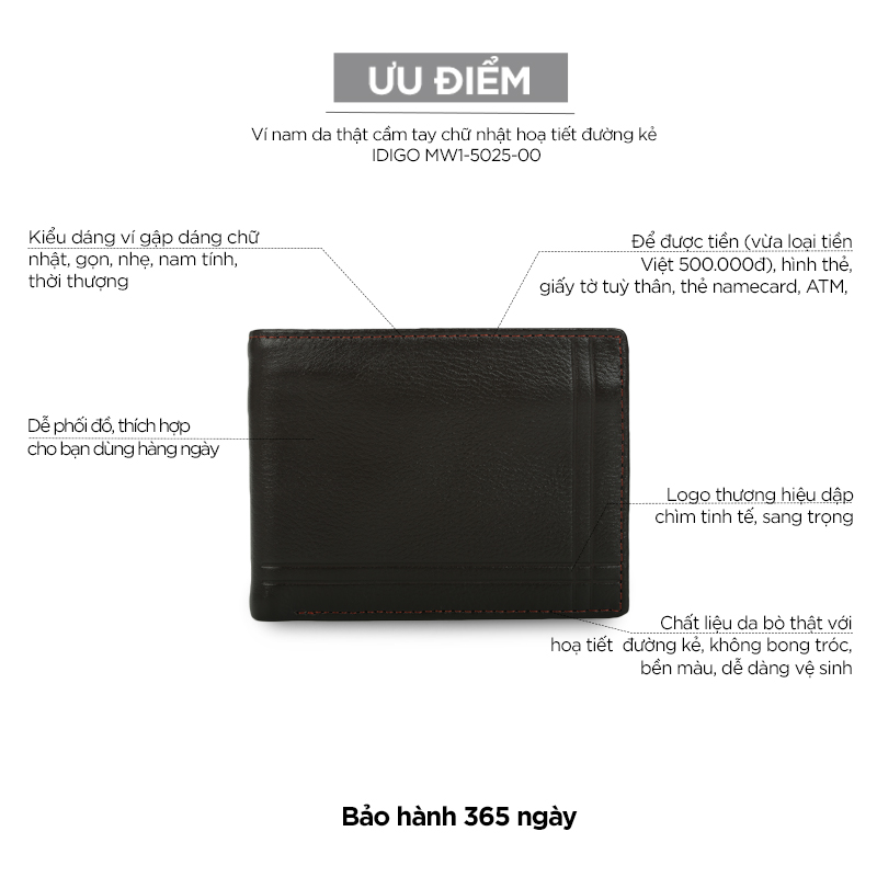 Ví nam da thật cầm tay chữ nhật hoạ tiết đường kẻ IDIGO MW1-5025-00