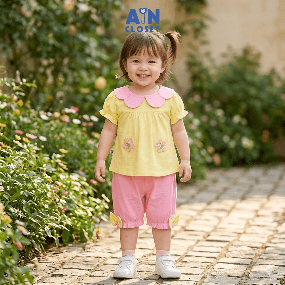 Bộ quần áo Ngắn bé gái họa tiết Cánh Hoa Vàng Hồng Thun cotton - AICDBGNN85G1 - AIN Closet
