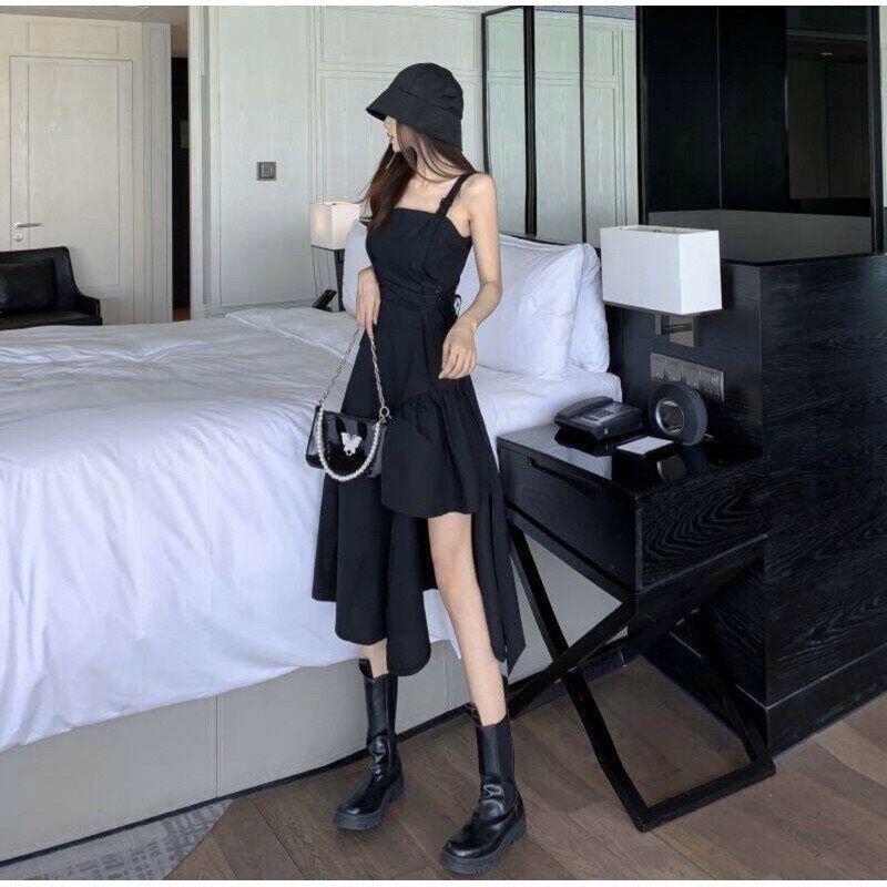 Váy Xòe Đen 2 Dây Phối Vạt Cao Vạt Thấp, Đầm Nữ Siêu Ngầu