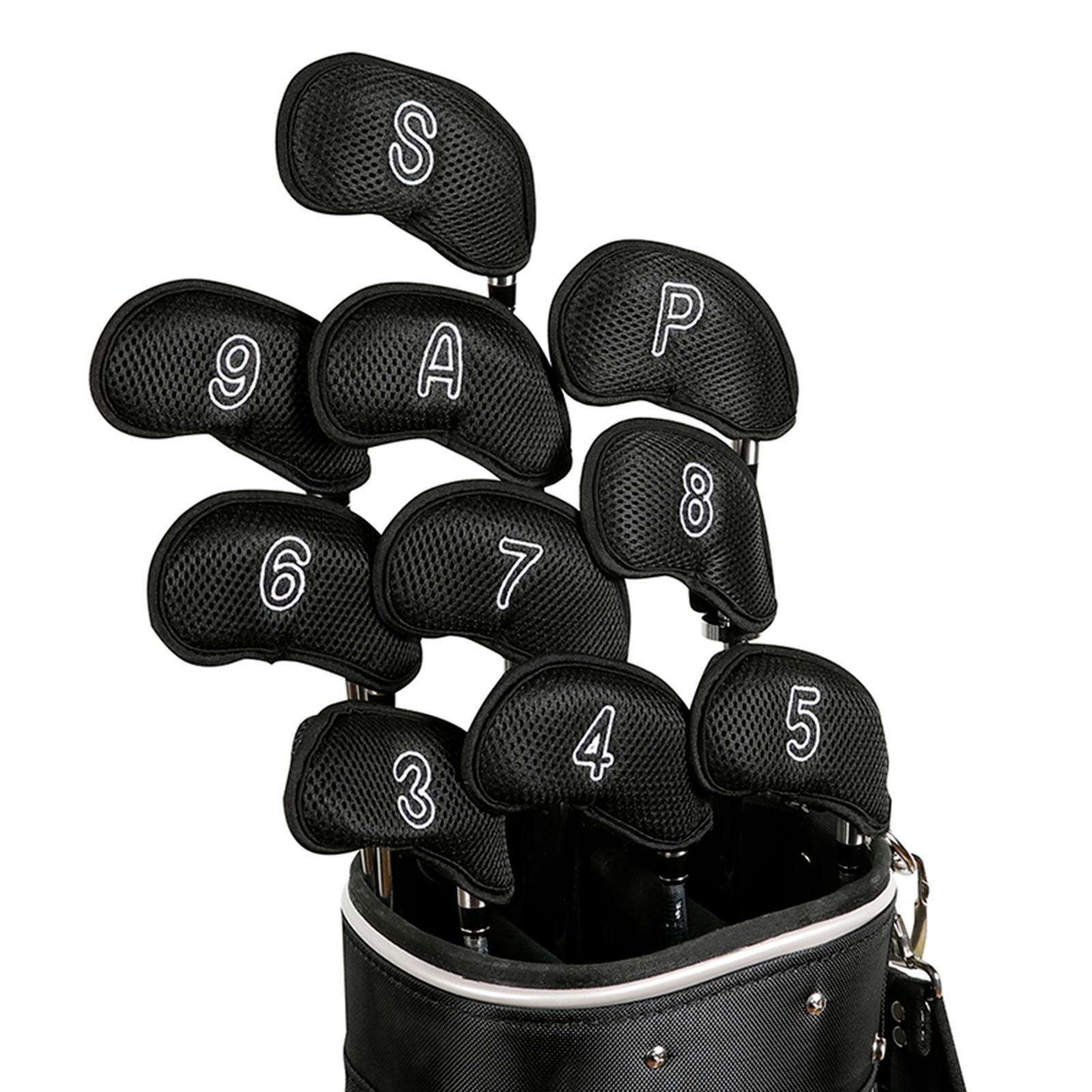 10Pcs/Pack Meshy Golf Iron Head Covers Fit Most Irons Embroidered Black