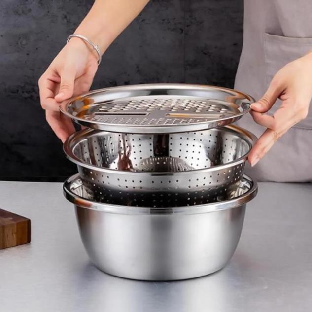 (Giá sale) Set chậu rổ và đĩa nạo rau củ inox