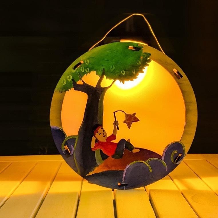 Bộ tô màu lồng đèn trung thu gỗ DIY tự lắp ráp có đèn led phát sáng - Đồ chơi sáng tạo handmade quà trang trí trung thu