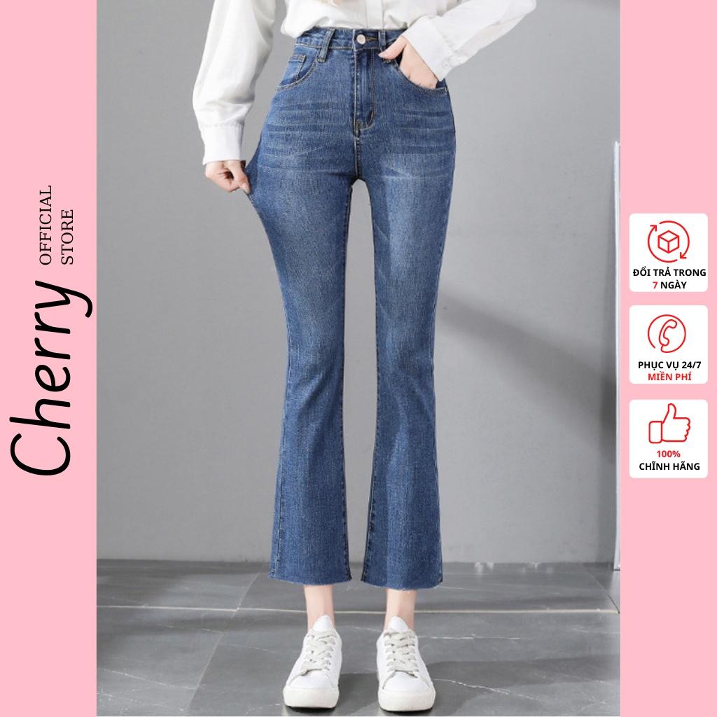 Quần jean nữ ống loe lửng lưng cao co giãn phong cách Hàn Quốc, quần bò nữ ống loe cạp cao chất xịn cao cấp CHERRY T025