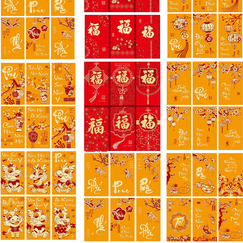 Set 6 Bao Lì Xì Đỏ, Lì Xì Tết In Chữ Nổi Ép Kim 3D  May Mắn Cho Lễ Hội Năm Mới Giáp Thìn 2024