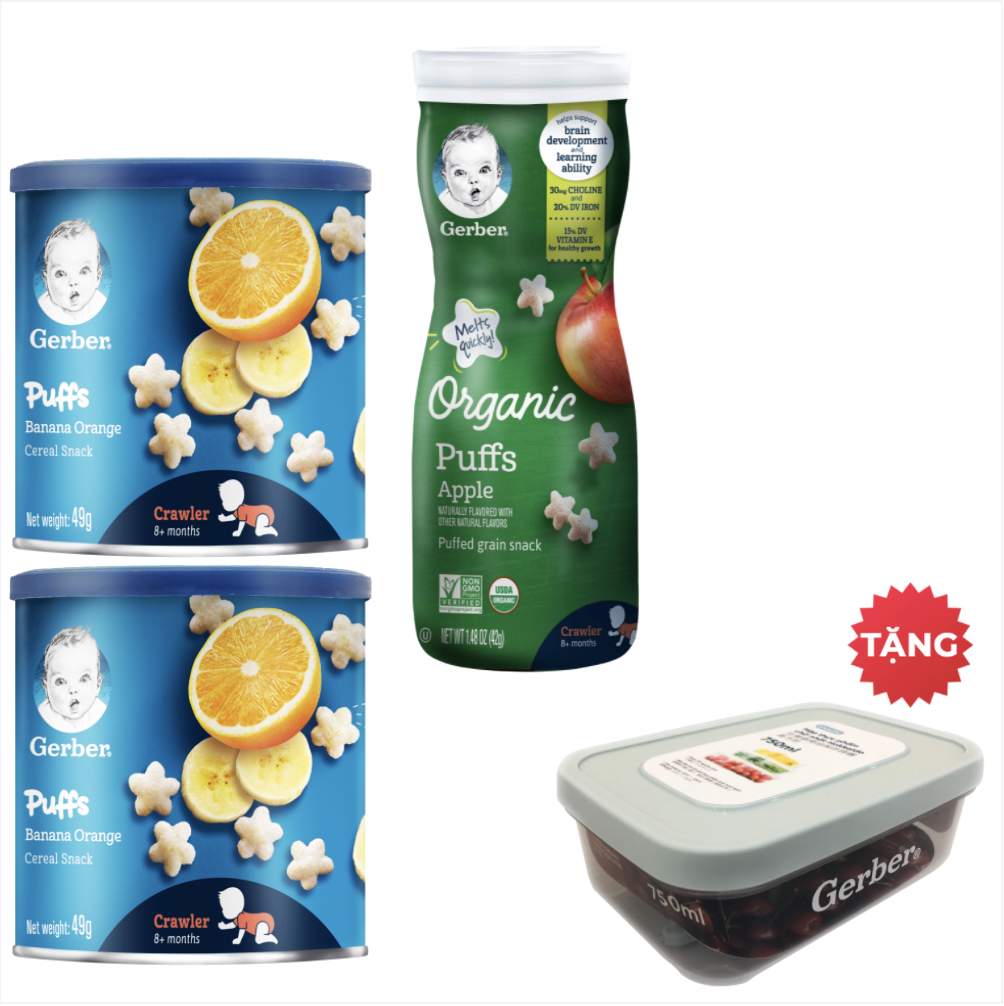 Combo 03 (2 Gerber Puffs Cam Chuối + 1 Gerber Organic Táo) TẶNG Hộp Nhựa Lưu Trữ Thức Ăn