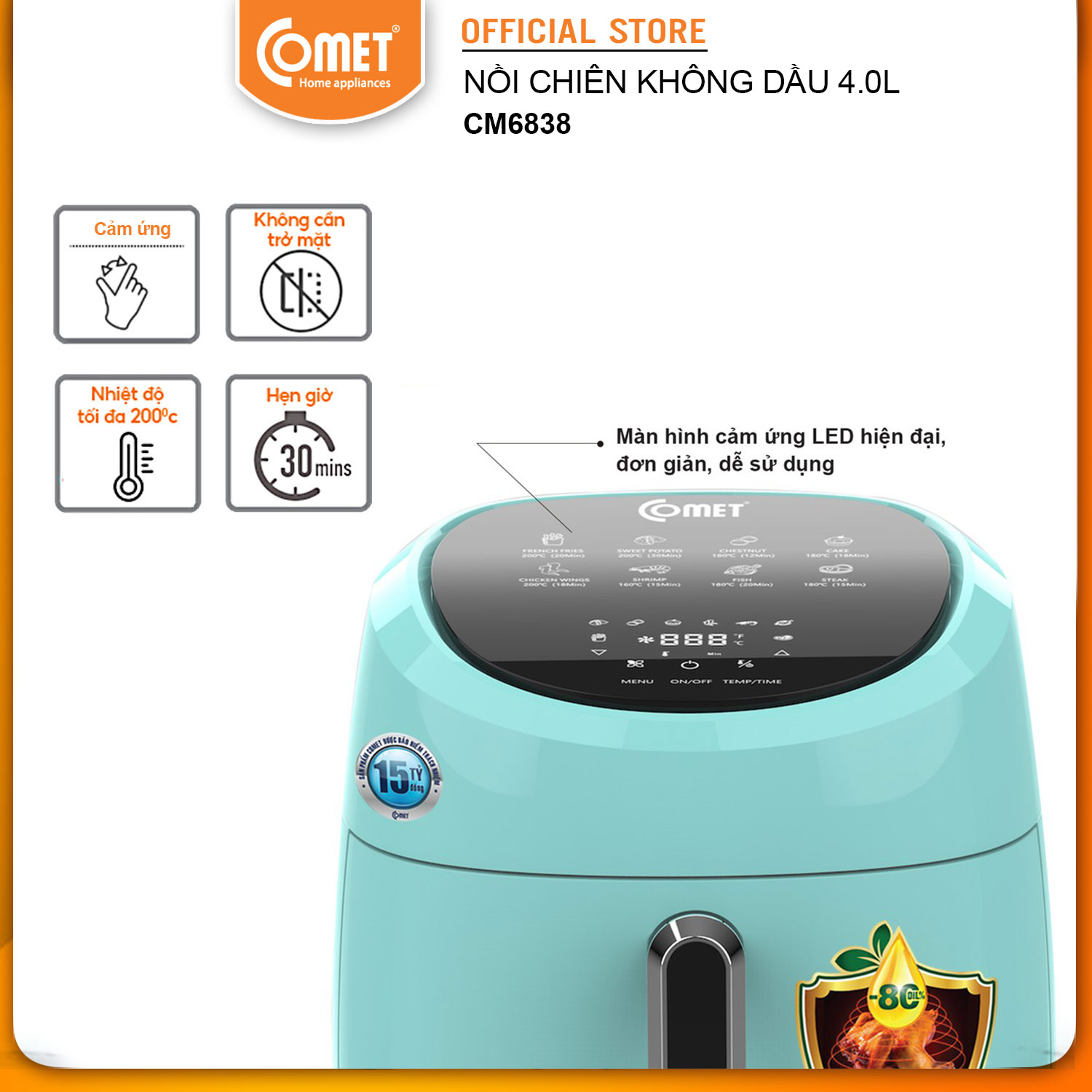 Nồi Chiên Không Dầu Điện Tử Comet CM6838 4L - Hàng Chính Hãng