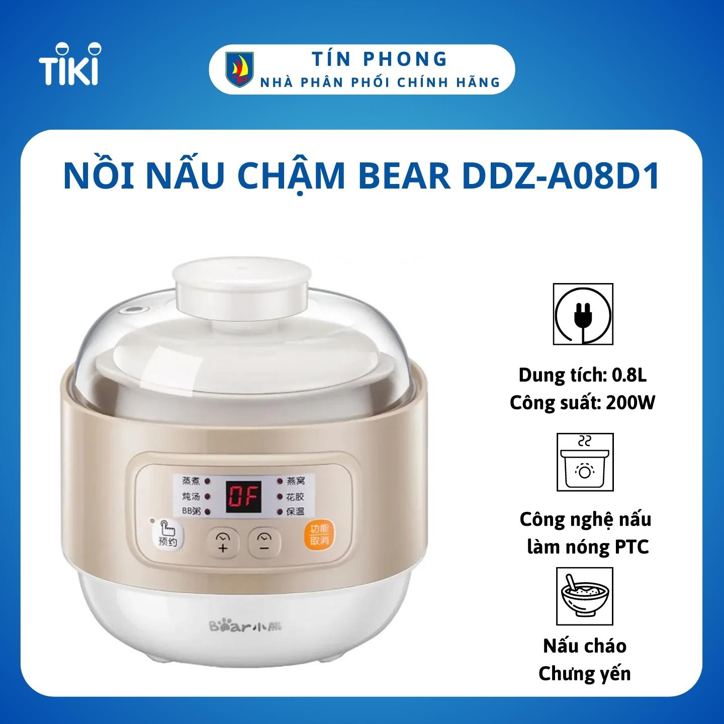 Nồi nấu chậm Bear DDZ-A08D1- Lòng nồi gốm sứ  dung tích 0.8 Lít - 6 chúc năng nấu - Chức năng hẹn giờ 9.5 tiếng - Hàng chính hãng