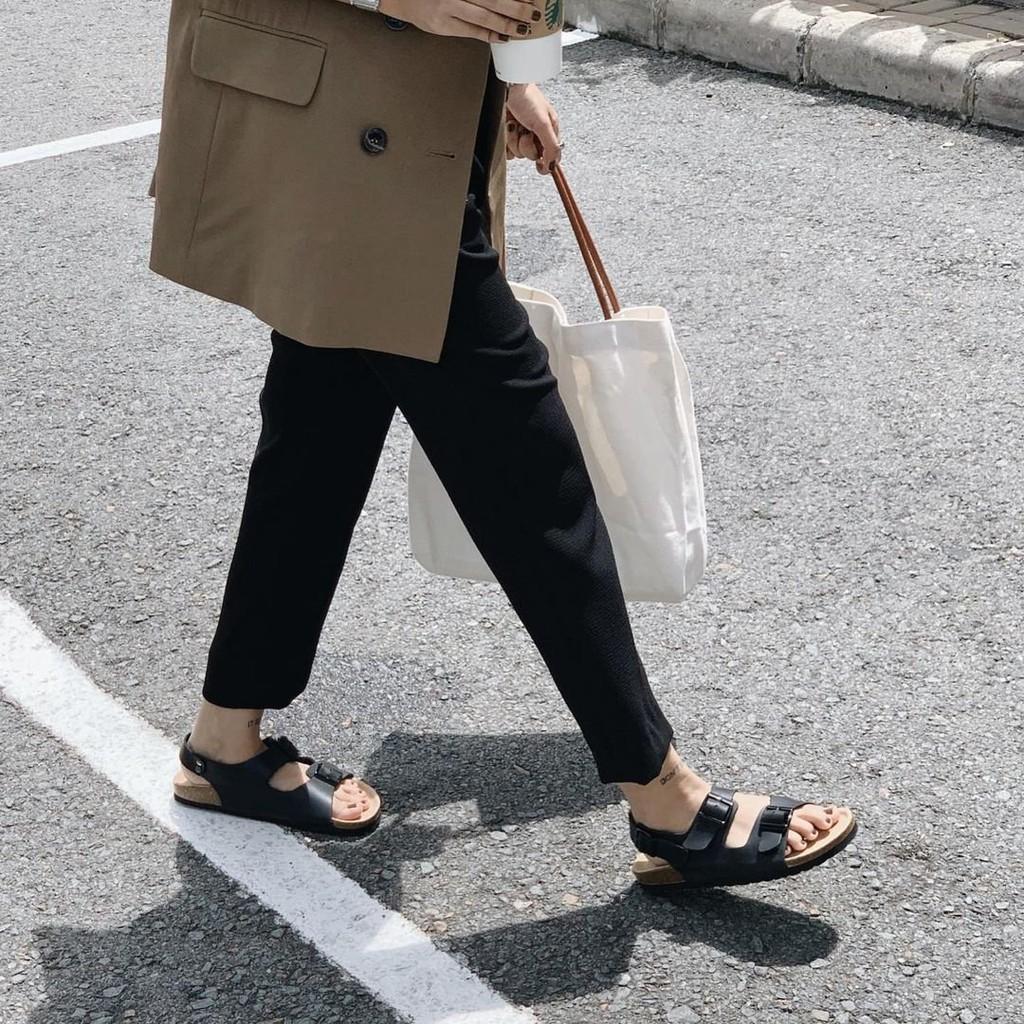 Sandal Unisex HuuCuong 2 khóa da bò đen đế trấu