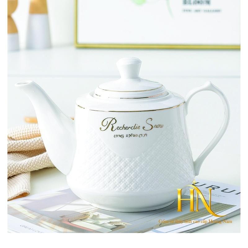 ( TẶNG KHAY VÀ ĐĨA LÓT)Bộ ấm chén gốm sứ cao cấp Camellia họa tiết nổi kiểu dáng cổ điển lịch lãm
