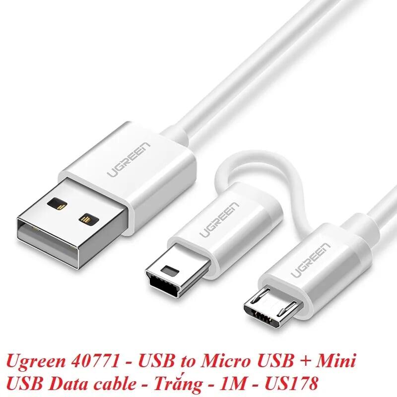 Ugreen UG40771US178TK 1M màu Trắng Cáp sạc truyền dữ liệu USB 2.0 sang MICRO USB + MINI USB - HÀNG CHÍNH HÃNG