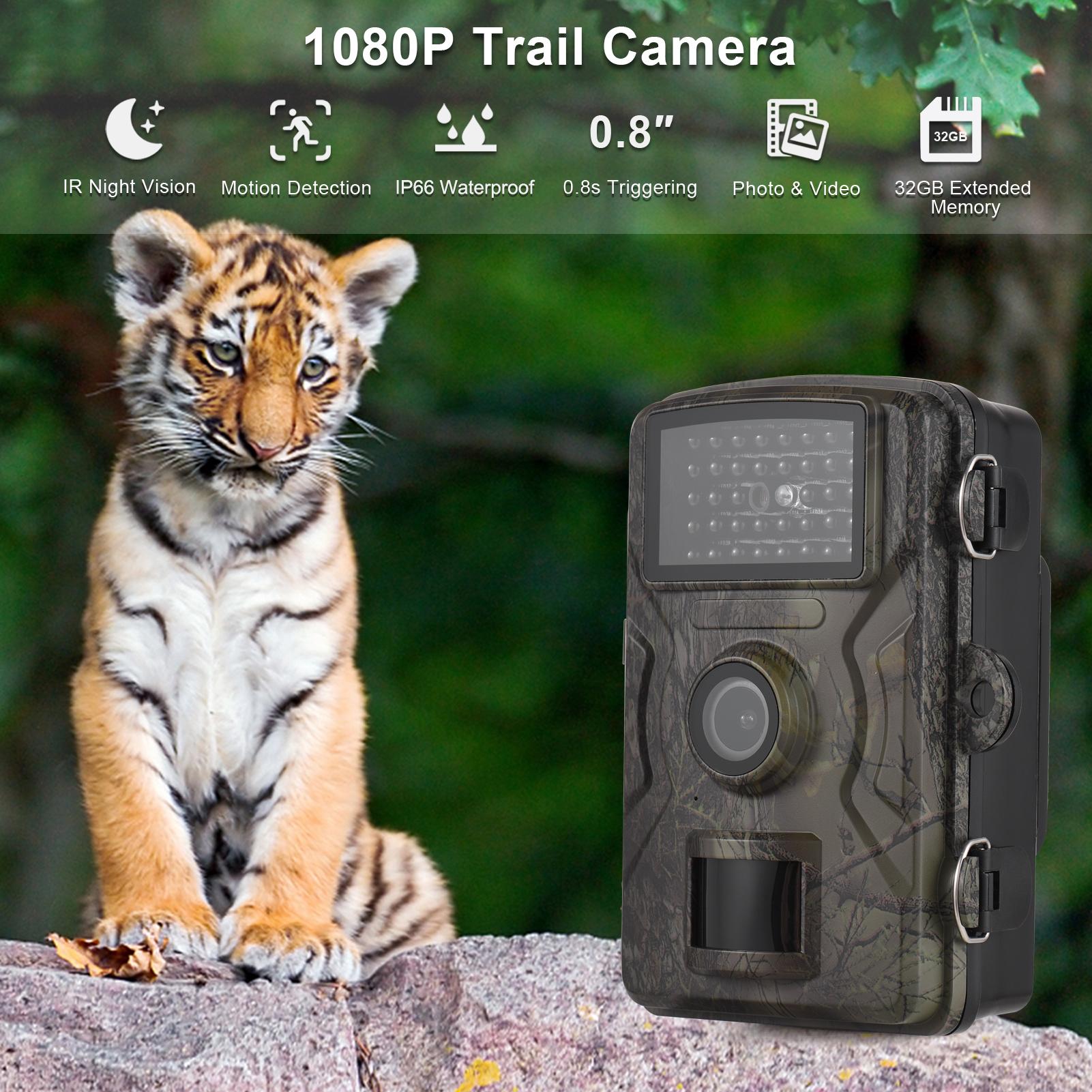 1080P Trail Camera 16MP Wildlife Scouting Camera Tracking Camera with 2.0 Inch TFT Color Screen 0.8s Trigger Time Supports Infrared Night Vision Motion Activated IP66 Waterproof