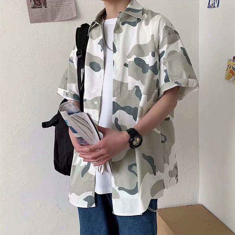 Áo sơ mi nam ngắn tay dáng rộng họa tiết rằn ri thời trang mùa hè thoải mái