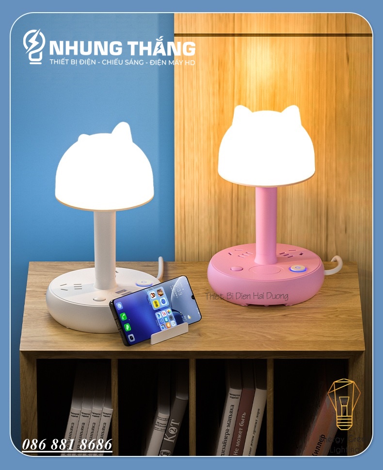 Ổ Cắm Điện Thông Minh Tai Mèo Kiêm Đèn Bàn OD-436 - Tích Hợp Đèn Chiếu Sáng - 3 Chế Độ Ánh Sáng - Dây Điện Dài 2m8 - Có Video