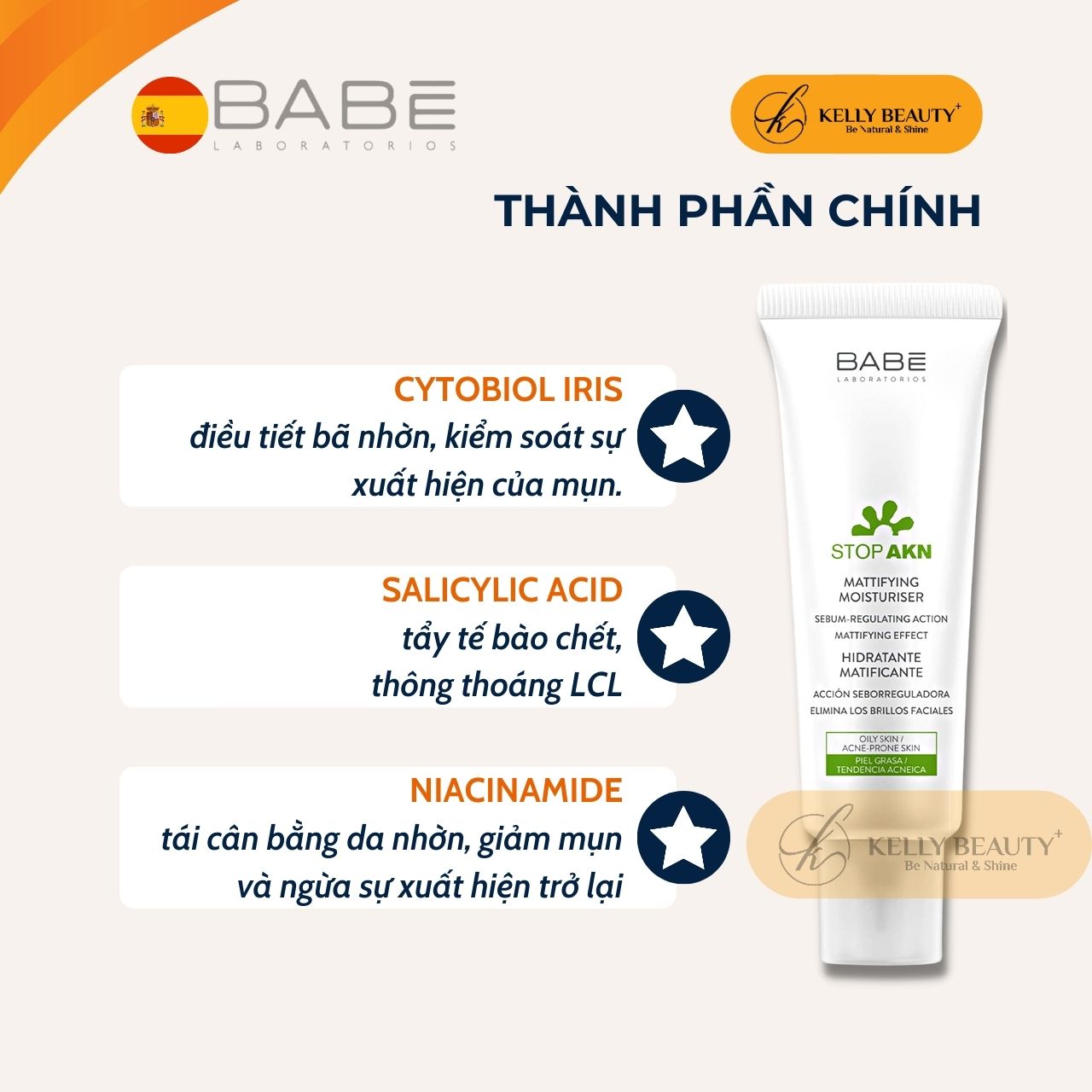 Kem Dưỡng Kiềm Dầu Ngừa Mụn BABE Stop AKN Mattifying Moisturiser - Kelly Beauty