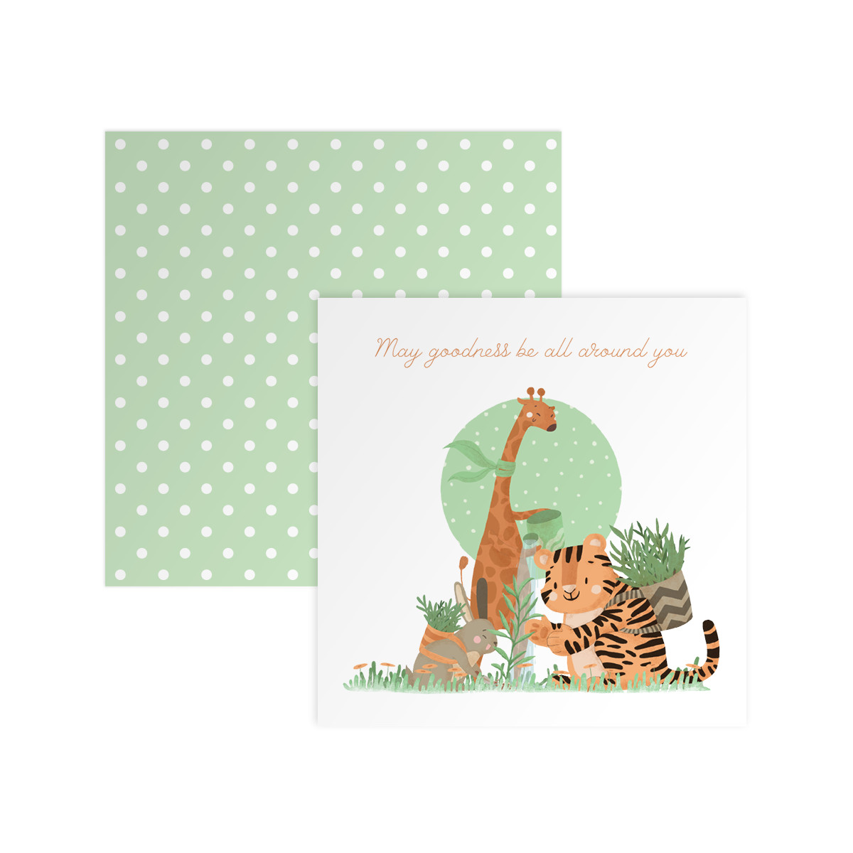 Thiệp tình bạn, chúc mừng MAY GOODNESS BE ALL AROUND YOU vuông 12cm SDstationery LIVE GREEN hươu cao cổ, cọp, thỏ