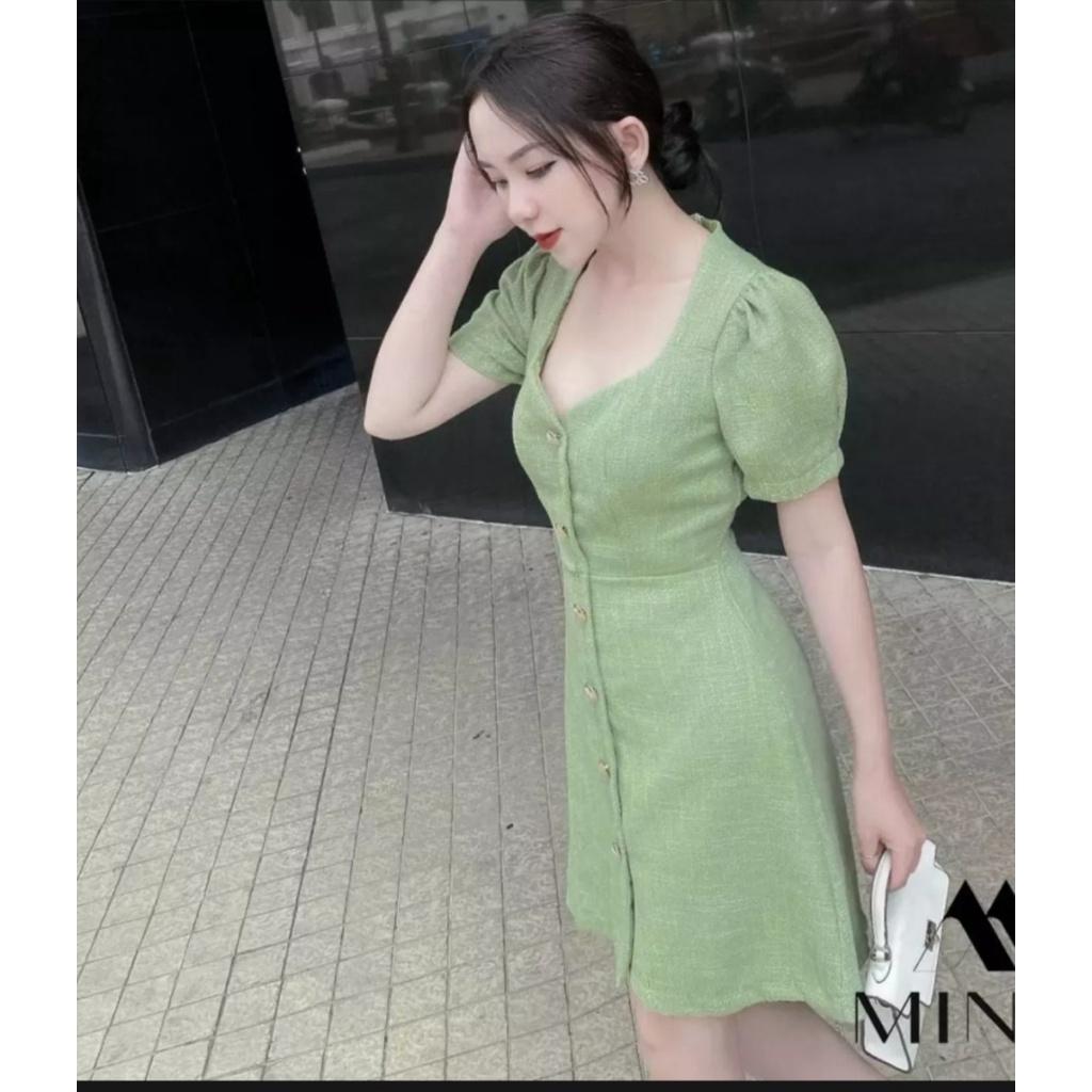 Đầm nude xanh cốm ko cúc chất liệu cao cấp, Form chuẩn