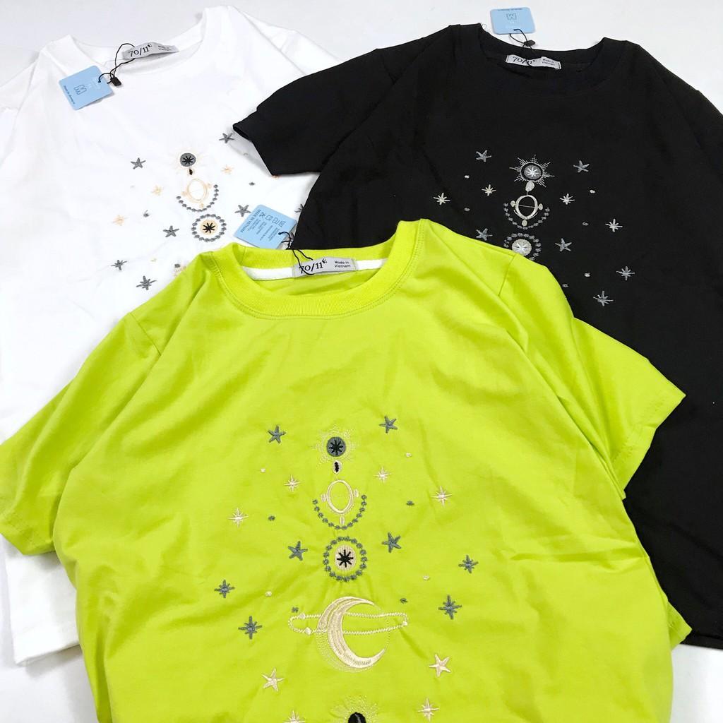 - ÁO THUN NGẮN TAY UNISEX THÊU VŨ TRỤ 3 MÀU TRẮNG - ĐEN - XANH NEON