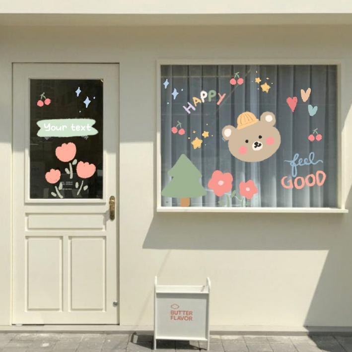 Hình dán cute bear set aesthetic trang trí gương cửa hàng cute 14