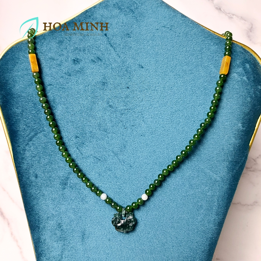 Vòng chuỗi 108 hạt Ngọc Bích Nephrite size 5 li phối Charm Khoá Trường Mệnh Lam Ngọc phong thủy bình an, tài lộc