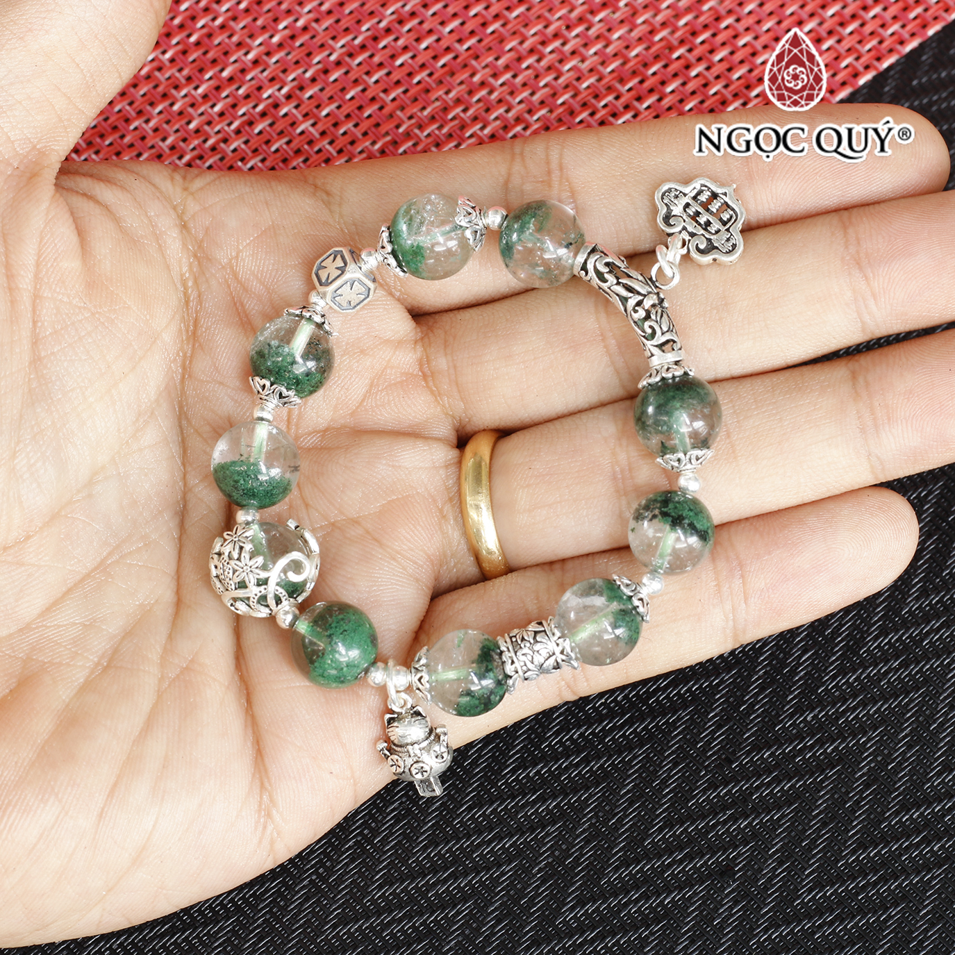 Vòng tay đá thạch anh ưu linh xanh phối charm bạc hạt 11mm mệnh hỏa, mộc - Ngọc Quý Gemstones