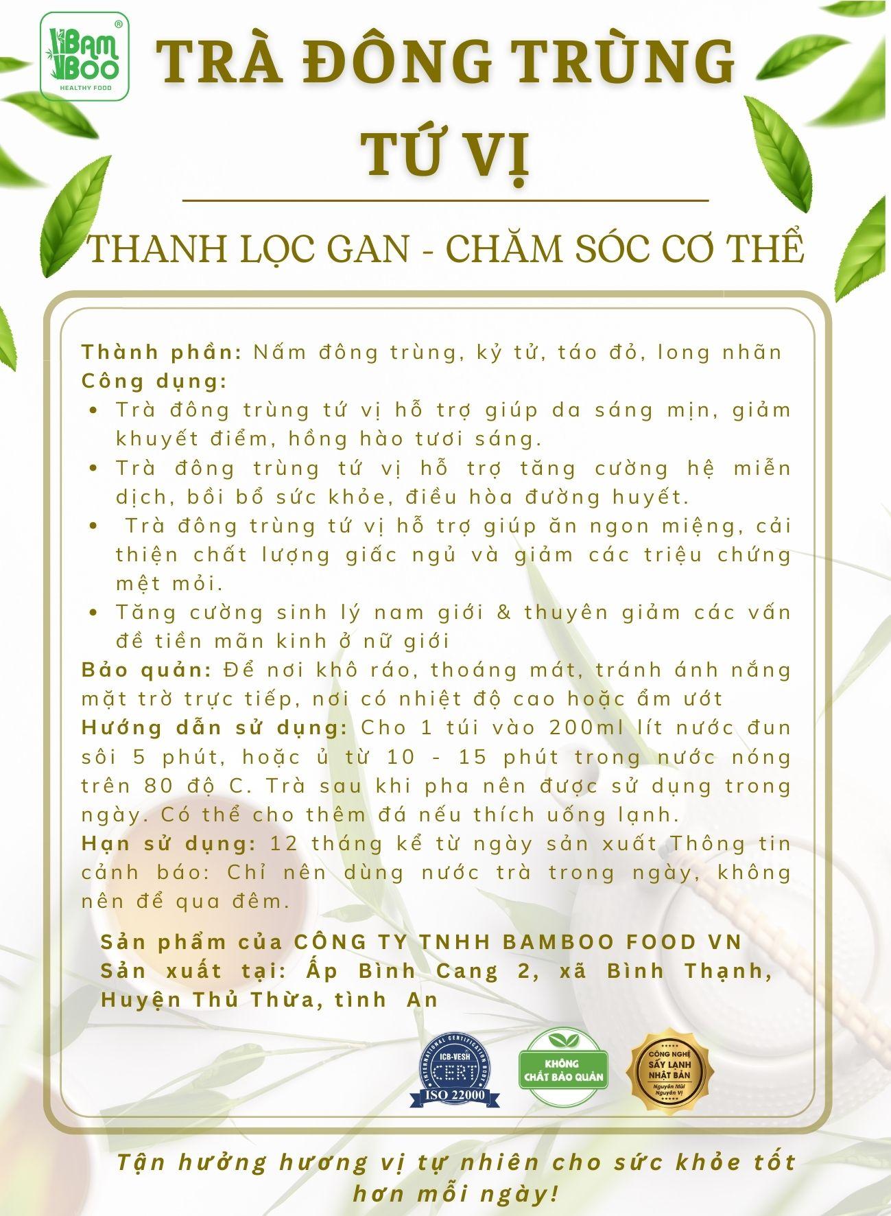 Combo 20 Gói Trà Đông Trùng Tứ Vị Bamboo - Giúp Ngủ Ngon, Giải Độc, Thanh Lọc Gan , Chăm Sóc Cơ Thể