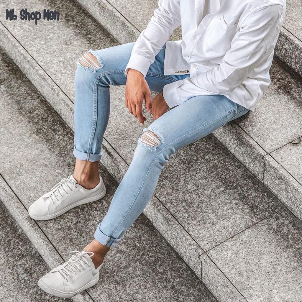Quần Jean Nam Chất Bò AC888 Xanh Wash Rách Cao Cấp Trẻ Trung Cá Tính