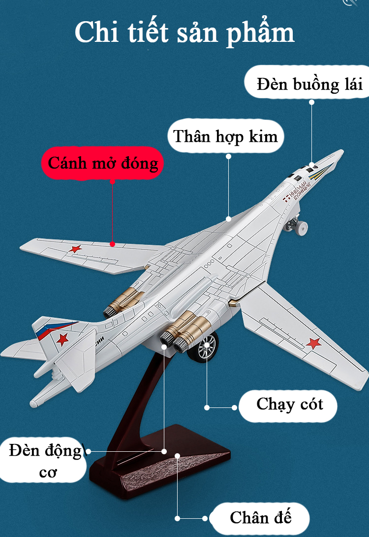 Mô hình máy bay ném bom TU-160 bằng hợp kim có nhạc và đèn kèm chân đế, cánh mở tự động