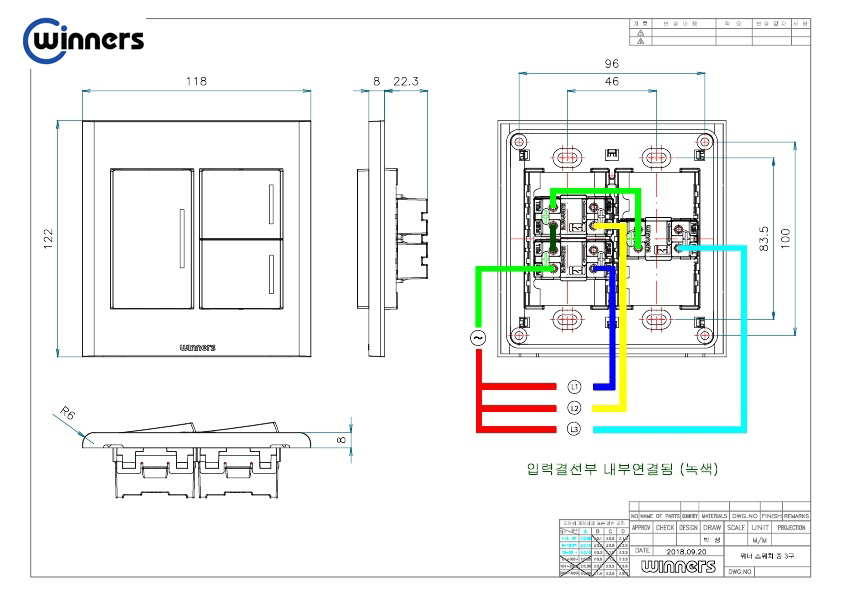 Công tắc ba một chiều Winners WSP2-11308(E) sản xuất tại Hàn Quốc, chất liệu nhựa chống cháy, sử dụng điện 220VAC phù hợp lắp cho các đế âm tường chữ nhật tại Việt Nam