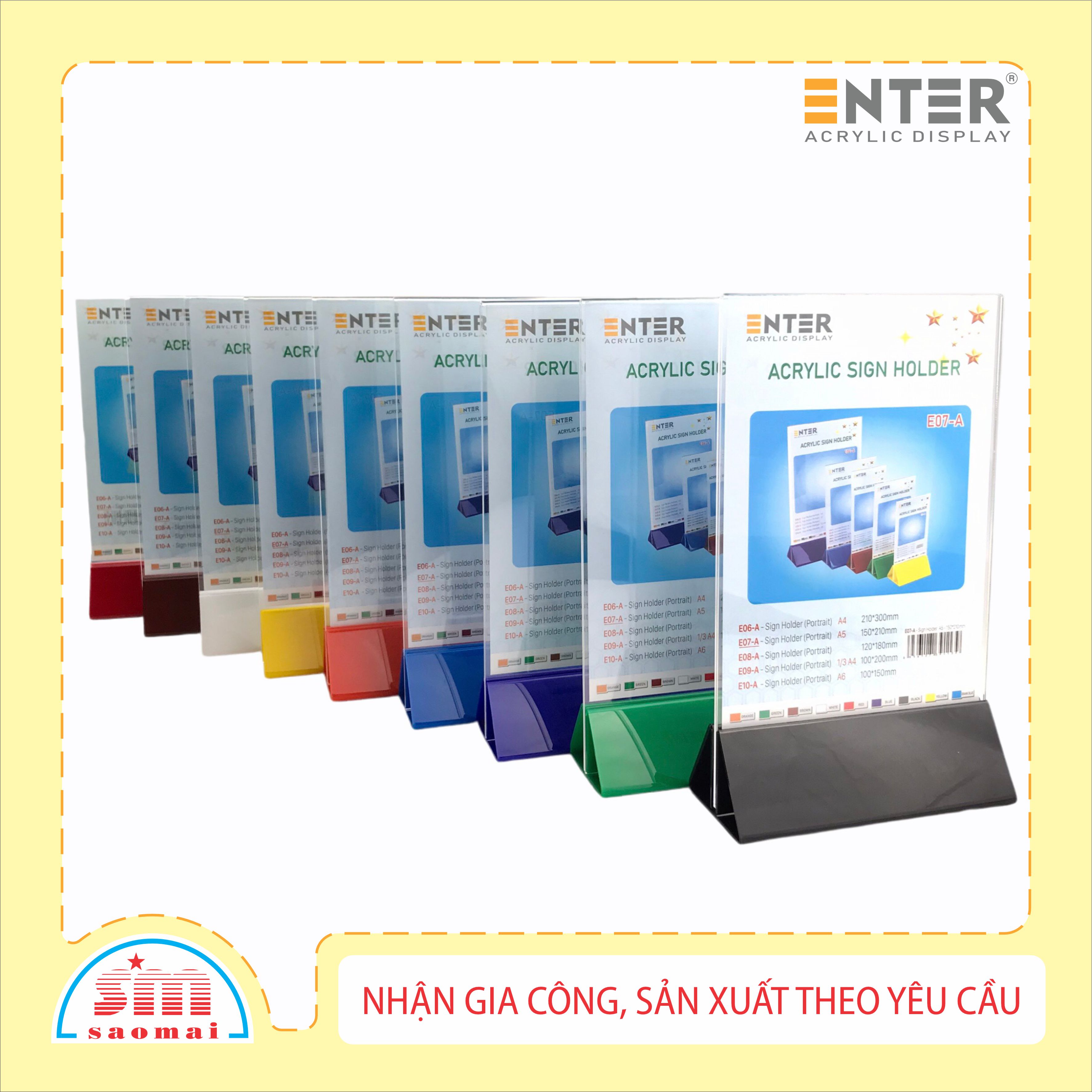 Kệ mica 2 mặt Enter E07-A LR 150x210mm đế lùa uốn chân chữ A
