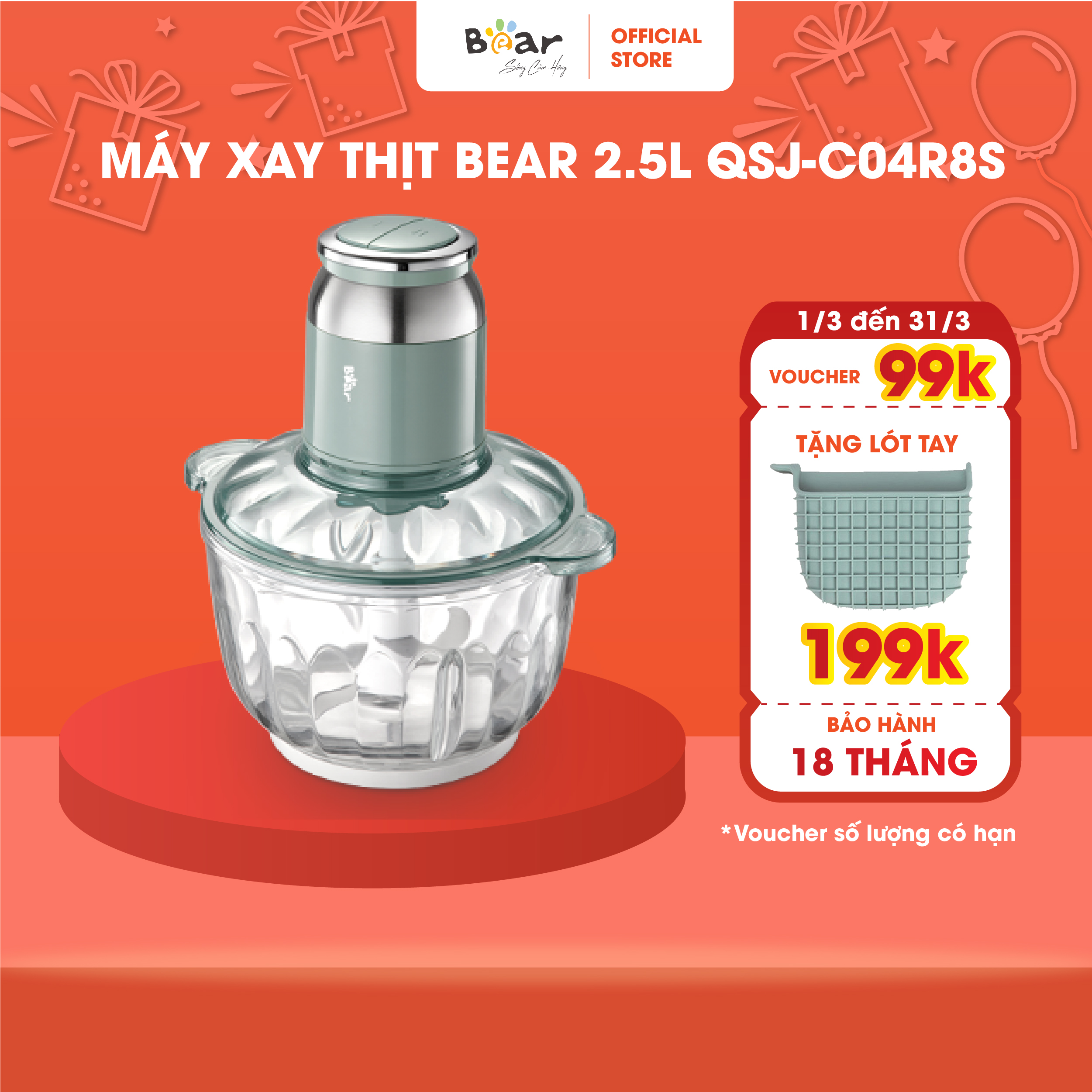 Máy xay thịt Bear QSJ-C04R8S - Đa năng chức năng, công xuất lớn, tiện dụng - Hàng nhập khẩu