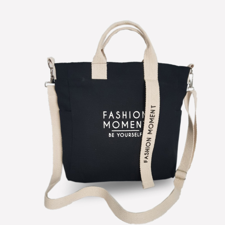 Túi vải Hàn Quốc, túi đeo chéo vải canvas phối chữ Fashion Moment thời trang Covi nhiều màu sắc T11-M-Màu Đen