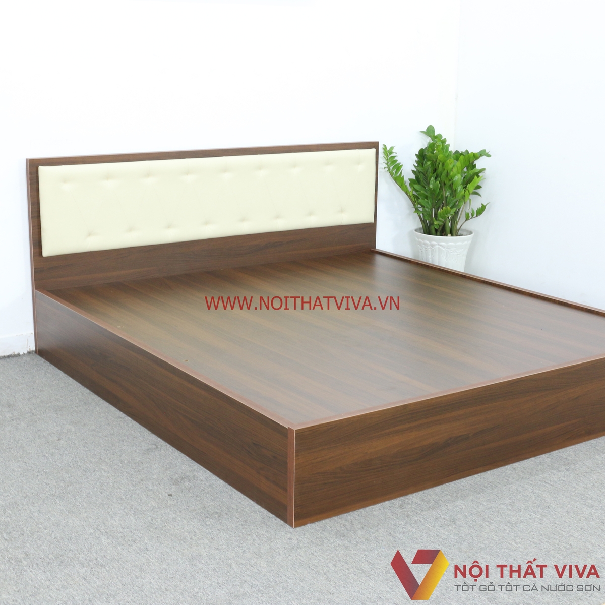 Giường Ngủ Gỗ Mdf Melamine Màu Nâu Có Đầu Nệm Kem Đẹp Giá Rẻ