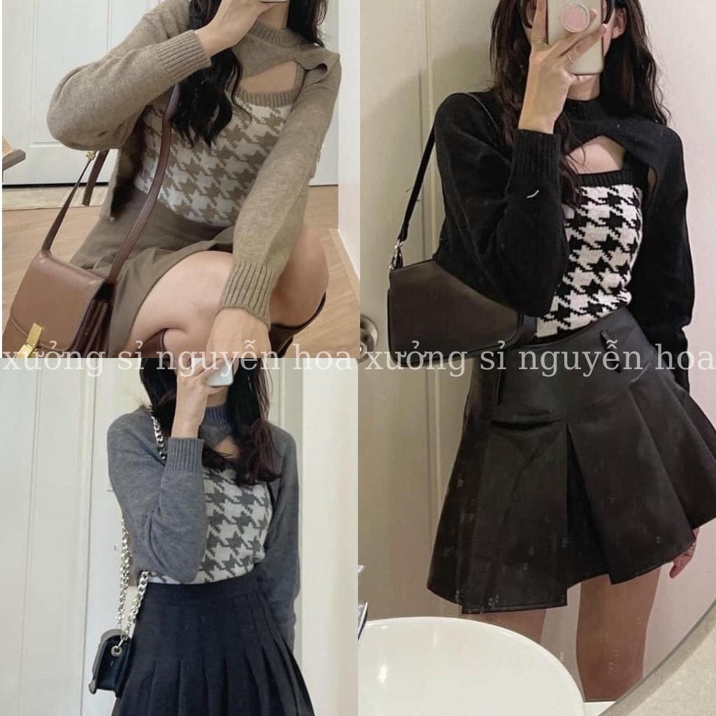 Set 2 món áo croptop len khoét kèm áo 2 dây len kẻ 3 màu đen xám be phong cách hàn quốc