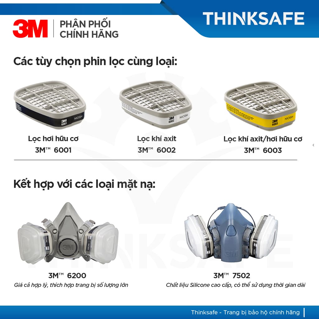 Mặt nạ phòng độc 3M Thinksafe, chống độc, lọc bụi siêu mịn, xịt sơn, lọc hóa chất, bảo vệ hô hấp, chính hãng - 6200/6001