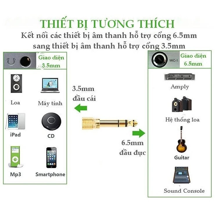 Đầu jack chuyển đổi âm thanh từ cổng 3.5mm cái sang cổng 6.5mm đực - Hàng Nhập Khẩu