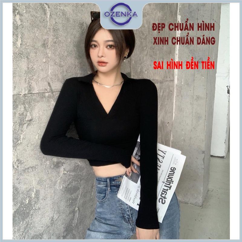 Áo croptop tay dài cổ polo sẻ v ôm nữ OZENKA , crt kiểu thanh lịch sang chảnh màu đen trắng mặc đi chơi dưới 55 kg