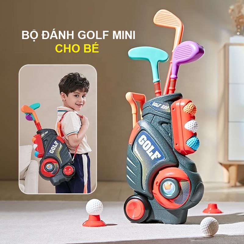 Bộ đồ chơi gậy đánh golf mini cỡ lớn cho bé vui chơi vận động kèm túi xách có bánh xe dễ di chuyển, quà tặng sinh nhật