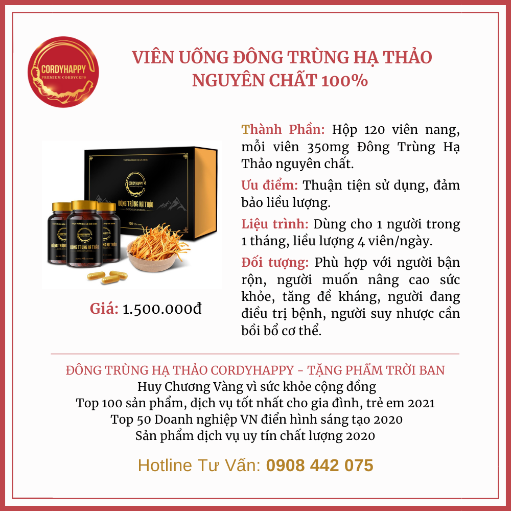 Viên Uống Đông Trùng Hạ Thảo Nguyên Chất 100% CORDYHAPPY PREMIUM CORDYCEPS - Hộp 120 Viên