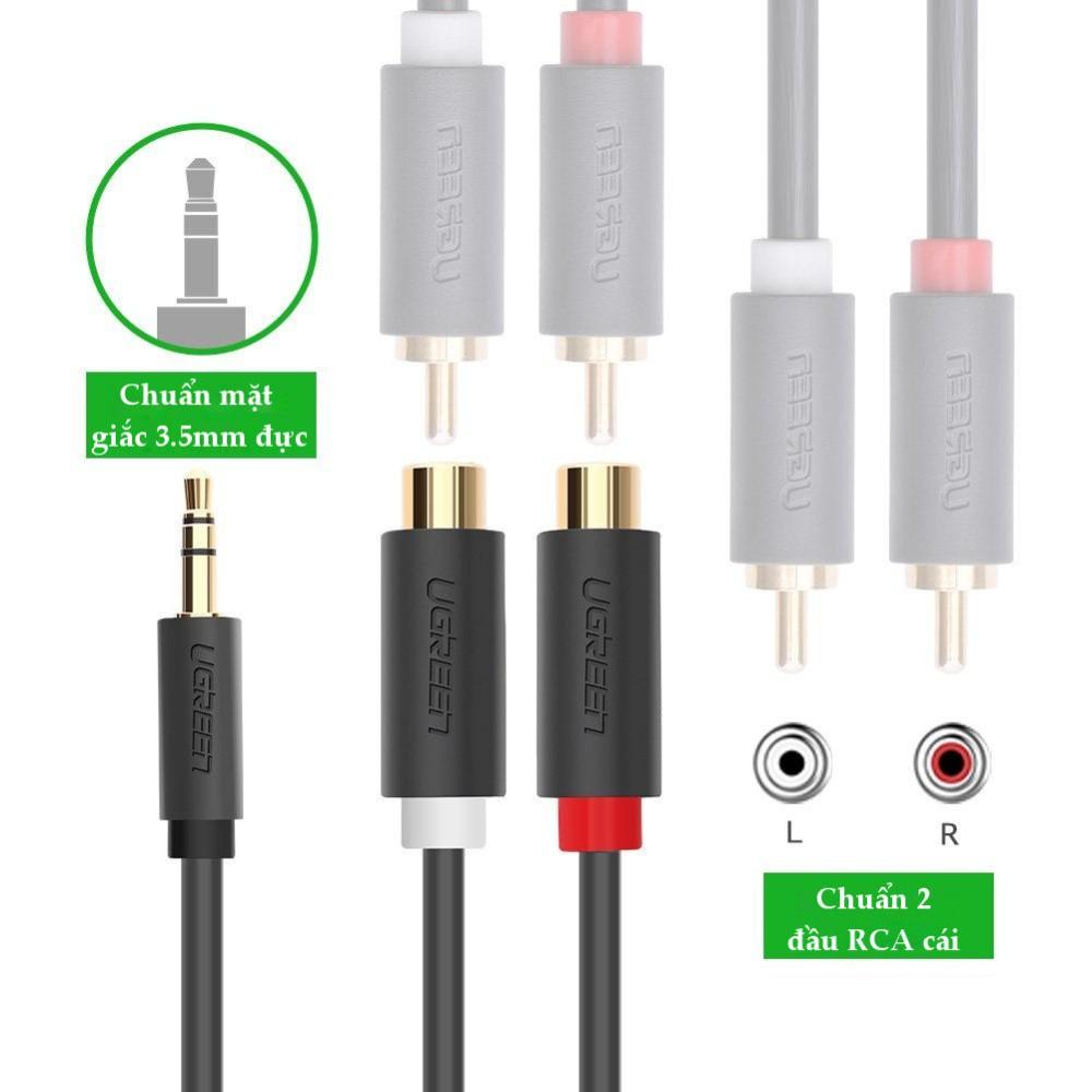 Dây chuyển đổi 3.5mm đực sang 2 đầu RCA cái dài 25CM màu đen UGREEN AV109 10547 - Hàng Chính Hãng